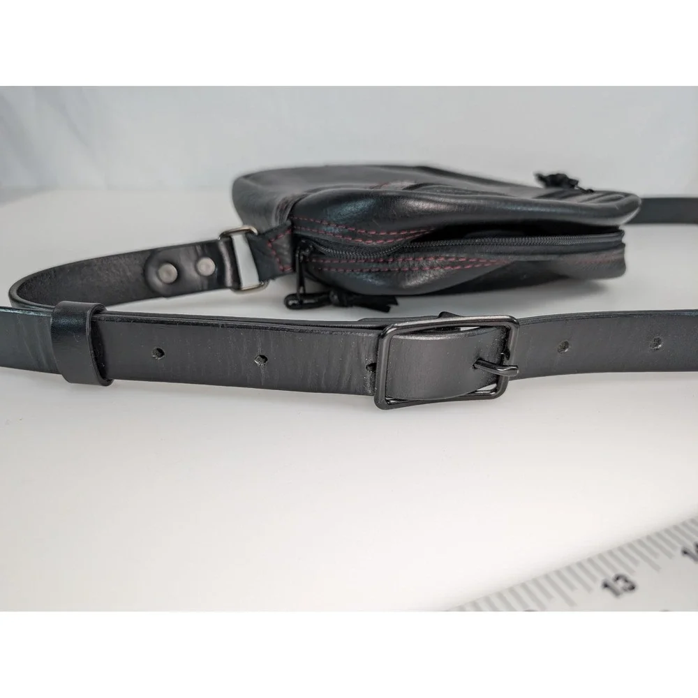Full‎ Grain Leather Crossbody Bag Purse Black Red Contrast Stitching Messenger